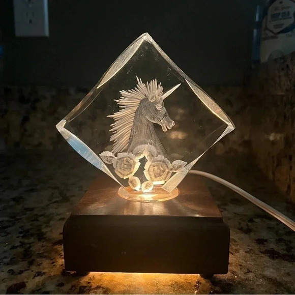 Unicorn Crystal Glass Laser Etched Hologram Lighted Wooden Base Plug In Triangle - Picture 9 of 11